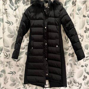 Express Puffer Coat Long Hooded Winter Jacket Hood Fur Trimmed Black Belt Medium